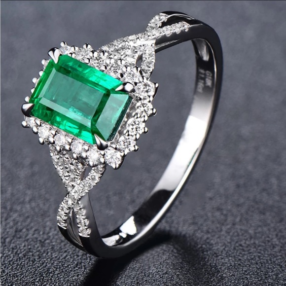 925 STERLING SILVER LUXURY BOHO SQUARE CUT EMERALD CUBIC ZIRCON RING - Picture 2 of 5